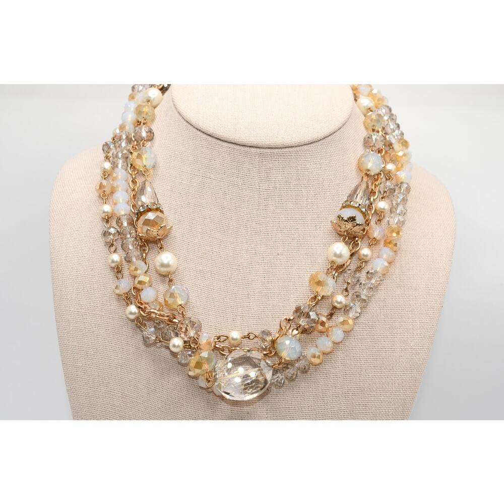 Multi Strand Crystal Necklace Opalescent Glass Faux Pearl Gold Tone